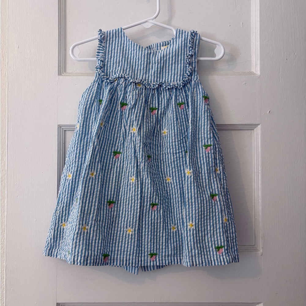 Mini Boden Pinnie Embroidered Seersucker Dress in Multi Blue Floral 12-18m